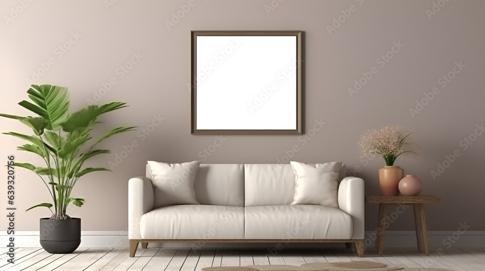 Room interior with blank photo frame on wall Room interior with blank photo frame on wall