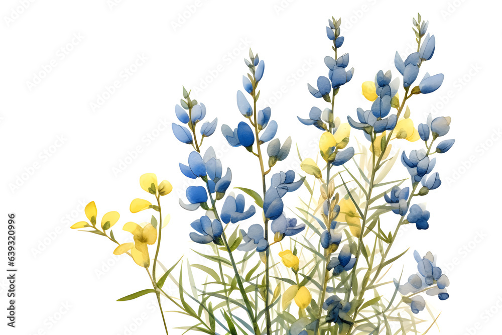 Radiant in Watercolor. A Branch of yellow and Blue False Indigo Baptisia Australis Flowers