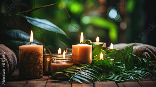 Towel on fern with candles and black hot stone on wooden background