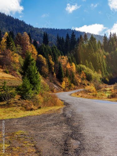 Obraz na płótnie asphalt road in mountains. trip through countryside in autumn. forest in fall foliage on the hillside. sunny weather w salonie