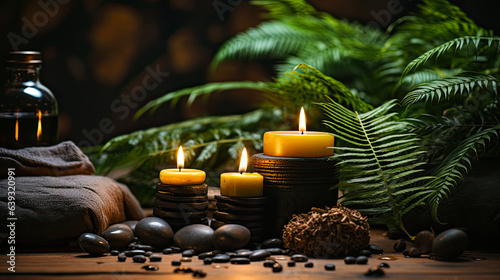 Towel on fern with candles and black hot stone on wooden background