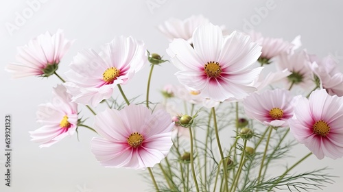 Beautiful cosmos flowers in vase on light background, closeup