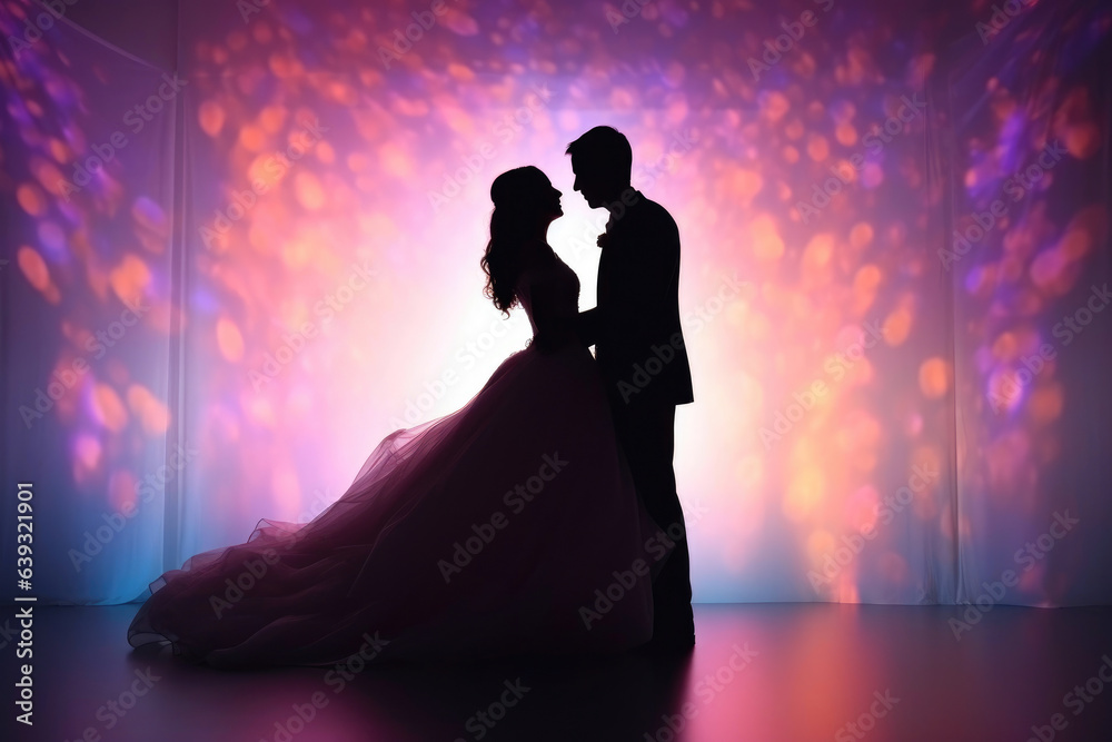 Romantic Wedding Silhouette: Groom and Bride Embracing Romantic Wedding Silhouette: Groom and Bride Embracing
