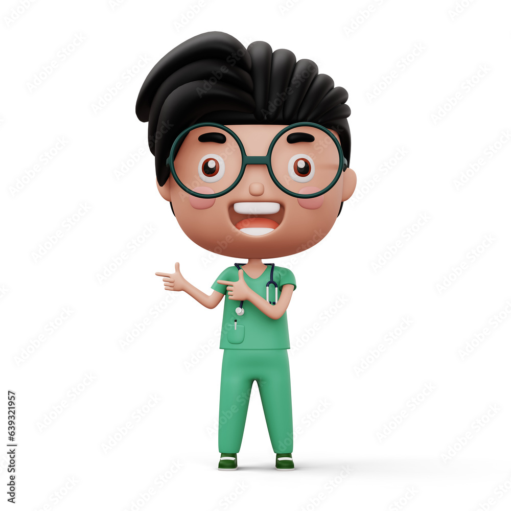 Happy child doctor, kid doctor pointing finger, occupation kid character, 3d rendering