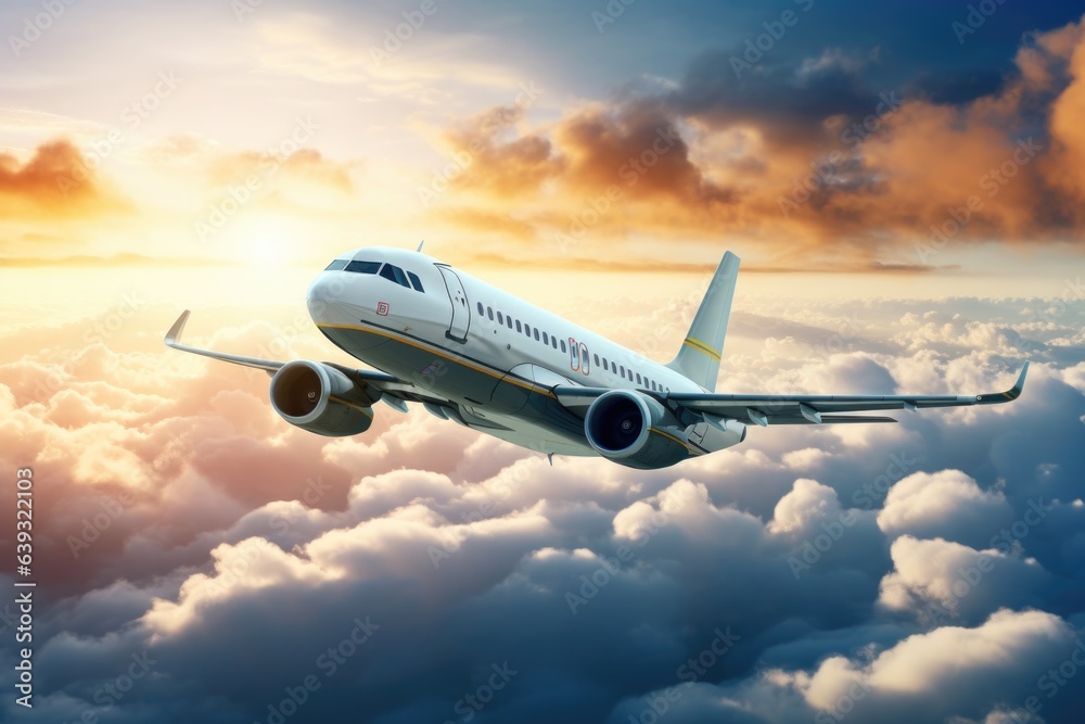 Passenger plane flies above the clouds in the sunset light. Passenger plane flies above the clouds in the sunset light.
