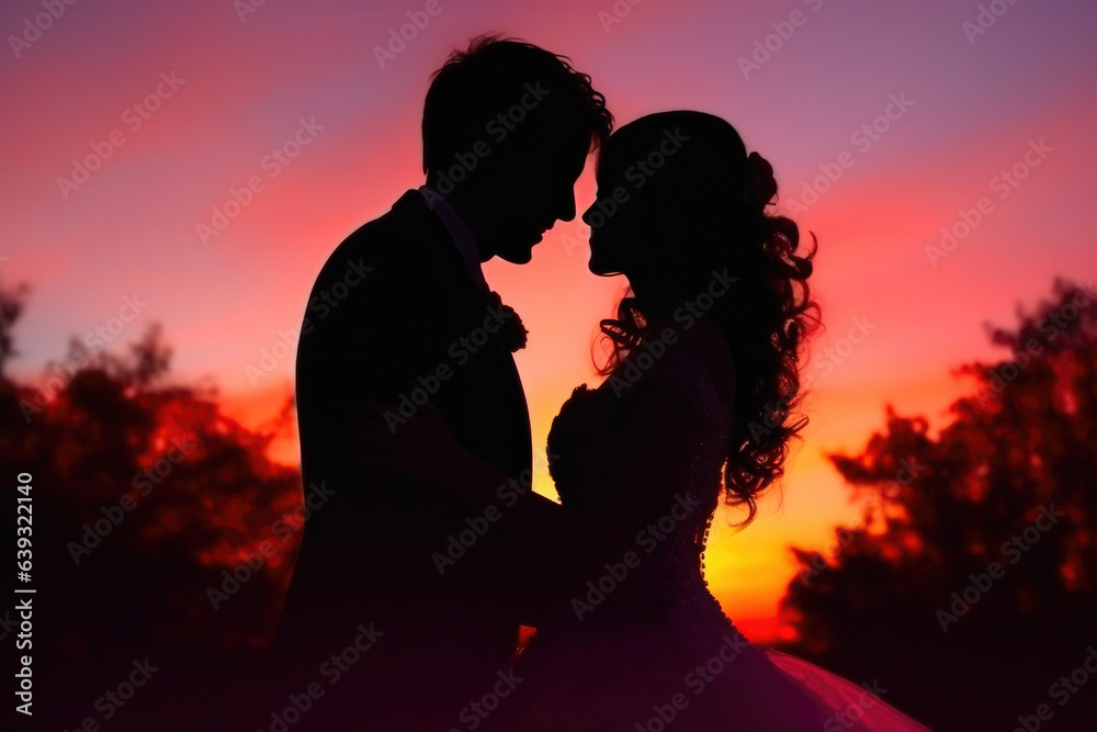 Colorful Setting with Groom and Bride Silhouette