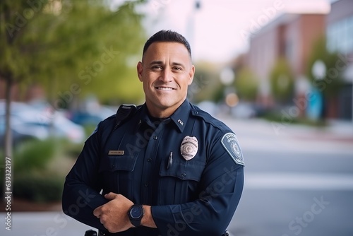 Portrait of young Hispanic male police officer smiling at camera while standing outdoors photo