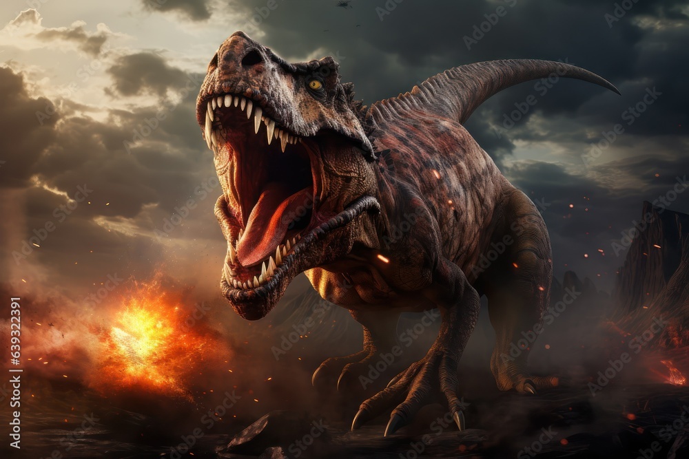 T-rex during dinosaur extinction event, Asteroid impact jurassic era, Tyrannosaurus rex extinction