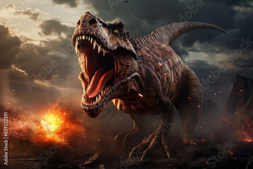 T-rex during dinosaur extinction event, Asteroid impact jurassic era, Tyrannosaurus rex extinction © Mohammad