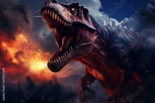 T-rex during dinosaur extinction event  Asteroid impact jurassic era  Tyrannosaurus rex extinction