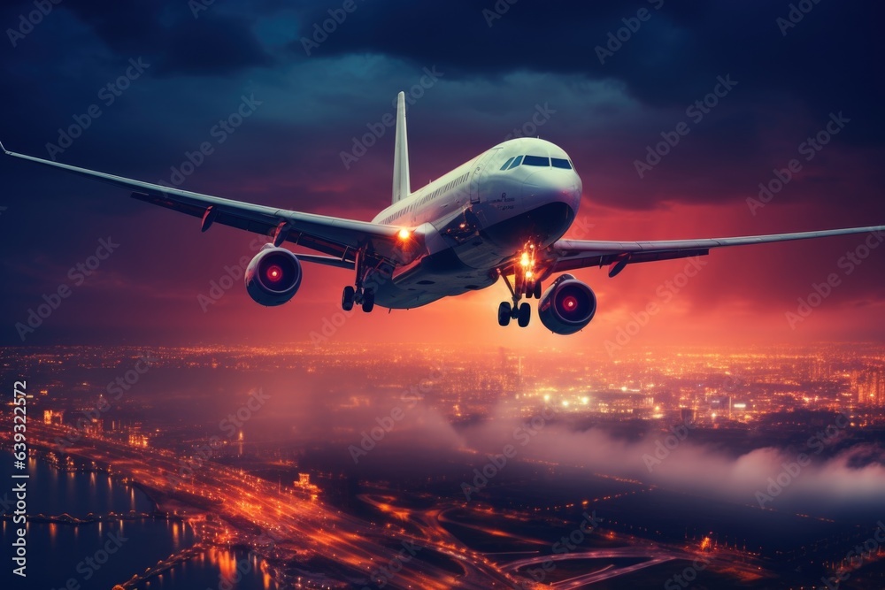 Passenger plane flies over the city, at night - obrazy, fototapety, plakaty 