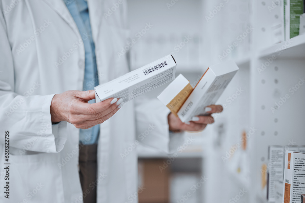 Person, pharmacist and hands with boxes of medication, pharmaceutical or pills on shelf at drugstore. Closeup of medical or healthcare employee with drugs, prescription meds or inspection at pharmacy Person, pharmacist and hands with boxes of medication, pharmaceutical or pills on shelf at drugstore. Closeup of medical or healthcare employee with drugs, prescription meds or inspection at pharmacy