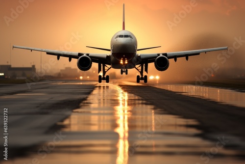Airplane landing approaching the runway at sunset