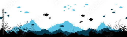 Underwater cartoon flat background with fish silhouette, seaweed, coral. Ocean sea life, cute design. Vector illustration