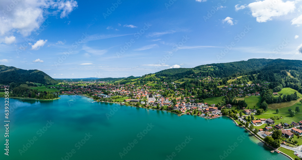 Aerial view, Schliersee with the town of Schliersee, Upper Bavaria, Bavaria, Germany, Aerial view, Schliersee with the town of Schliersee, Upper Bavaria, Bavaria, Germany,
