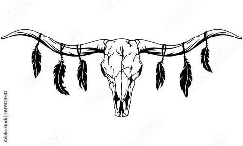 Texas longhorn black and white vector illustration. Longhorn skull with feathers, clipart. Silhouette Texas Longhorn. Bull Head Logo Icon.