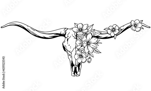 Texas longhorn black and white vector illustration. Longhorn skull with flowers, clipart. Silhouette Texas Longhorn. Bull Head Logo Icon.