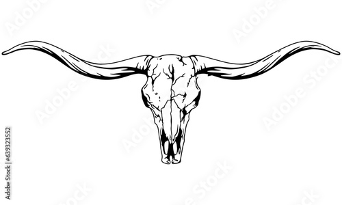 Texas Longhorn, Country Western Bull Cattle Vintage Label Logo Design. Vector hand drawing of the head of a Texas longhorn on a white background