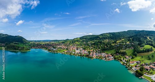 Aerial view  Schliersee with the town of Schliersee  Upper Bavaria  Bavaria  Germany 