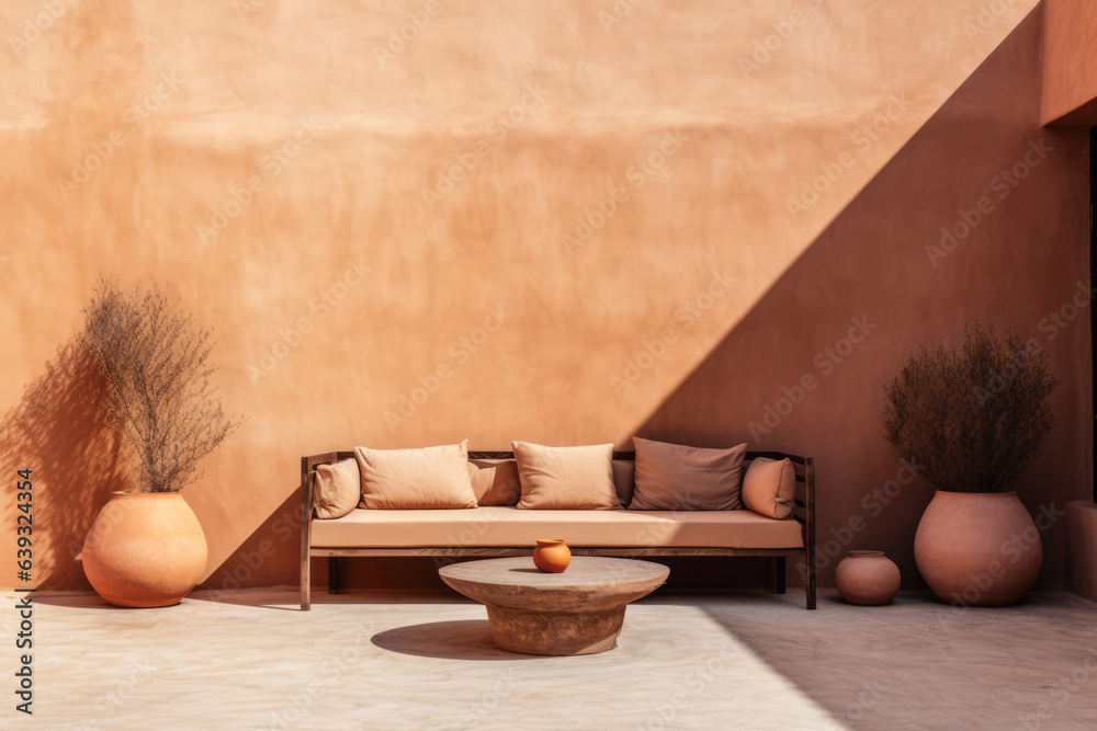 Outdoors sofa in front of a terracotta colored wall. Outdoors furniture composition. - obrazy, fototapety, plakaty 
