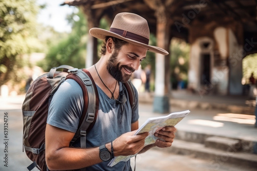 a young man, with a backpack, looking at a map and smiling. travel, tourism and hiking in a new city and country.