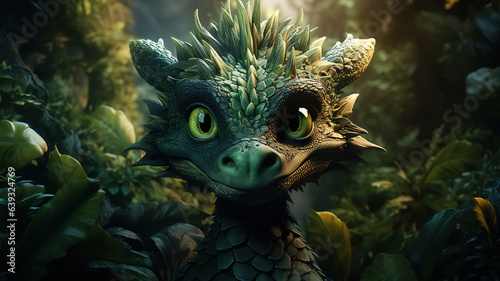 Cute green dragon in jungle looking at camera