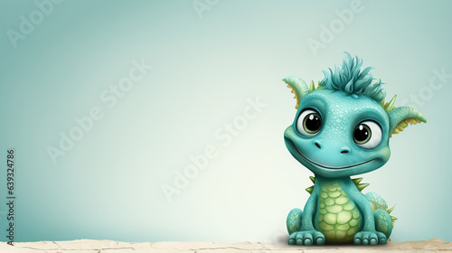 Cute green dragon on banner background with copy space. Illustration mythical funny green animal reptile looking away