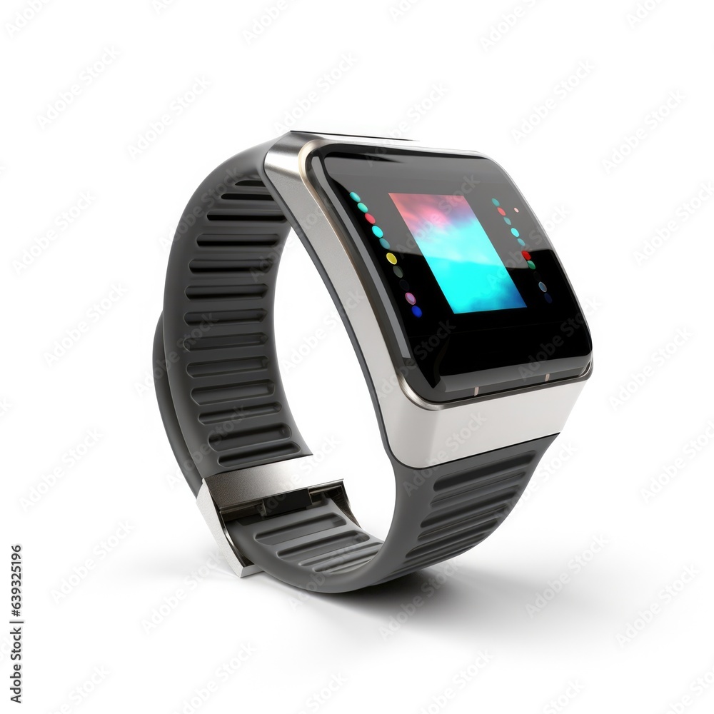 A modern, futuristic smartwatch displaying biometrics on its screen ...