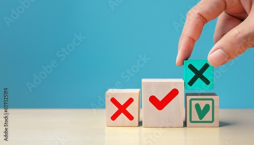 true and false symbols accepted rejected, yes or no on wood cubes.