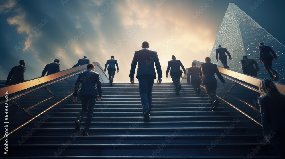 Fototapeta premium Ambitious and confident businessman in suit climbing the stairs to success with team following, leader concept, Generative AI
