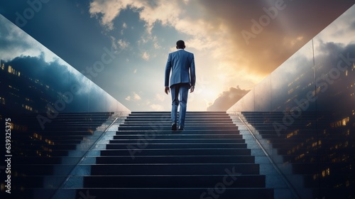 Ambitious and confident businessman in suit climbing the stairs to success, leader concept, Generative AI © khwanchai