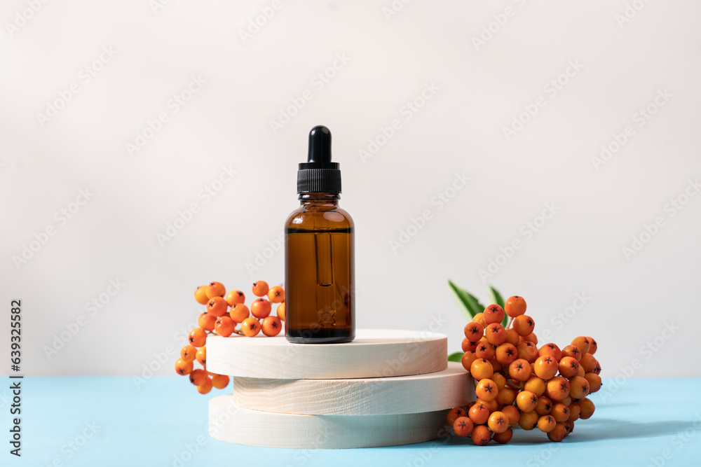 Droper bottle of homeopathic remedy or beauty product surrounded by rowan branches. Medicinal herbs concept, alternative medicine, organic beauty product Droper bottle of homeopathic remedy or beauty product surrounded by rowan branches. Medicinal herbs concept, alternative medicine, organic beauty product