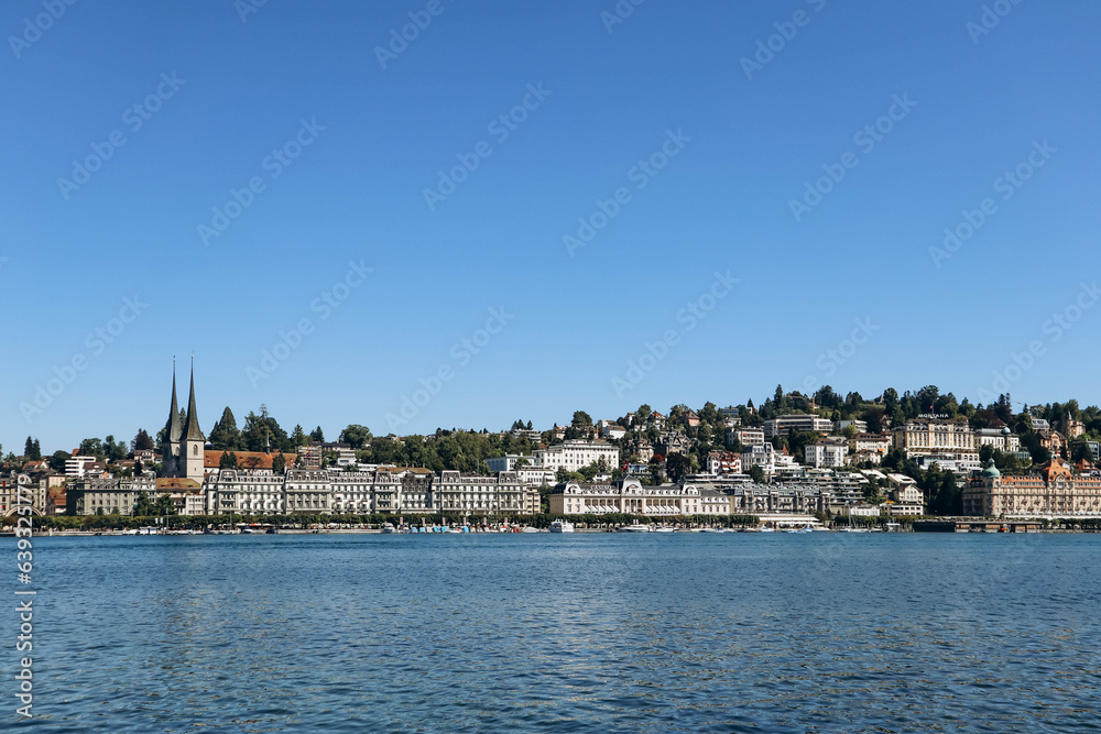 Obraz premium Lucerne, Switzerland - August 10, 2023: View of downtown Lucerne in Switzerland on a sunny summer day