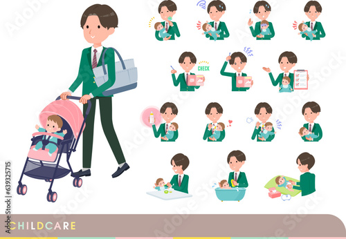 赤ちゃんのお世話をするブレザー男子学生のセット