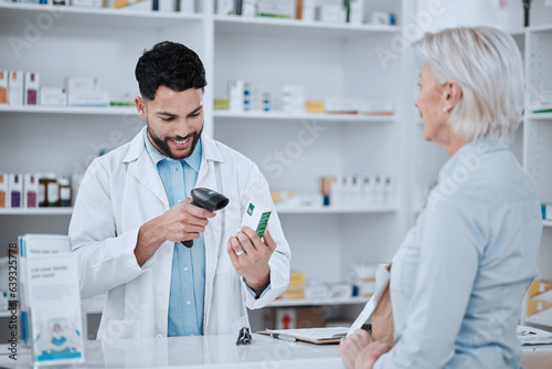 Happy man, pharmacist and scanning box for customer in consultation, medication or pills at pharmacy. Male person, medical or healthcare employee checking price on pharmaceutical product at drugstore