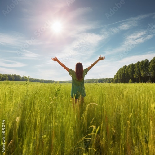 Nature, Happy woman, girl, sunshine, sun, green, wheat field, hands arms raised to the sky surrounded by greenery. Corn or wheat plants all around her. She is looking at the sunshine.