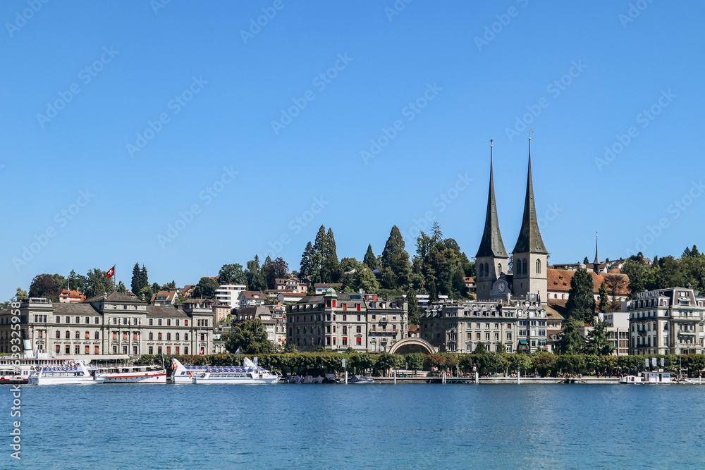 Lucerne, Switzerland - August 10, 2023: View of downtown Lucerne in Switzerland on a sunny summer day