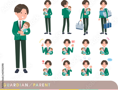 赤ちゃんの保護・世話をするブレザー男子学生のセット