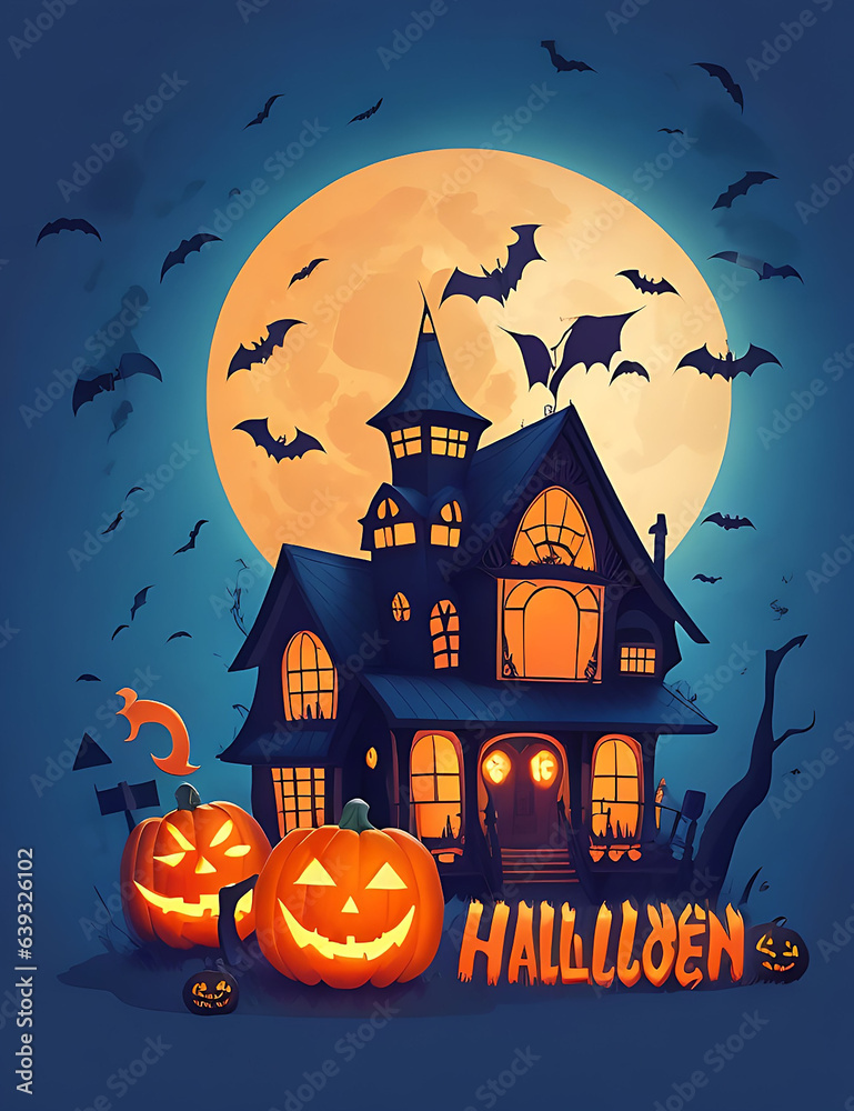 Halloween background with scary house, full moon and pumpkins