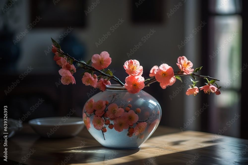 Beautiful blooming sakura branches in glass vase on table