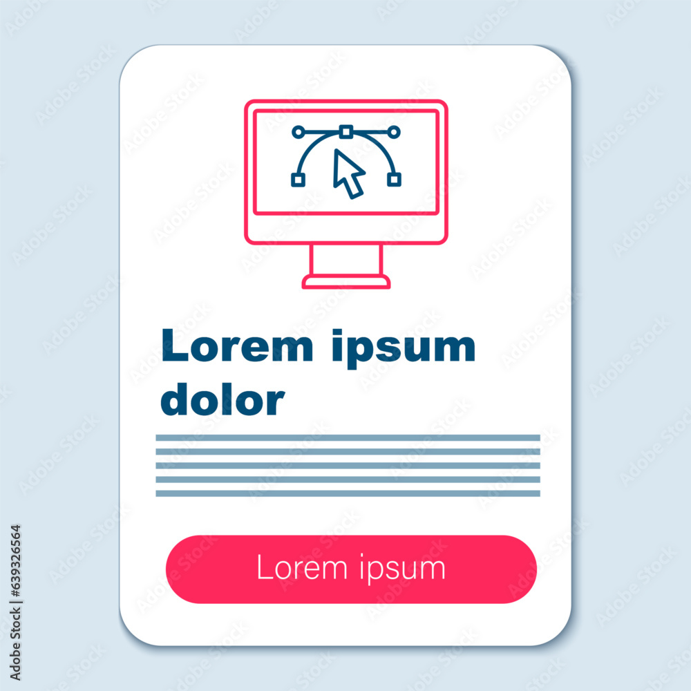 Line Computer display with vector design program icon isolated on isolated on grey background. Photo editor software with user interface. Colorful outline concept. Vector Line Computer display with vector design program icon isolated on isolated on grey background. Photo editor software with user interface. Colorful outline concept. Vector