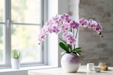 Vase with orchid flowers on white table near window indoors generative AI technology