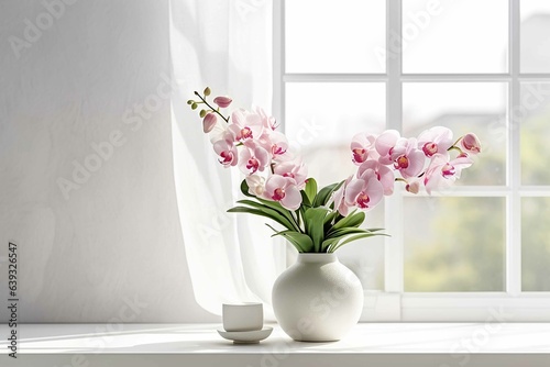Vase with orchid flowers on white table near window indoors generative AI technology