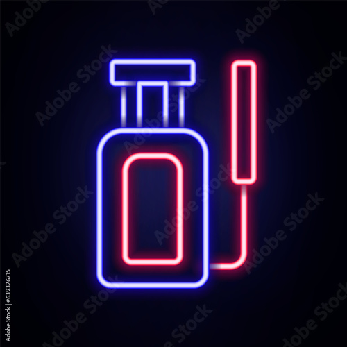 Glowing neon line Garden sprayer for water, fertilizer, chemicals icon isolated on brick wall background. Colorful outline concept. Vector