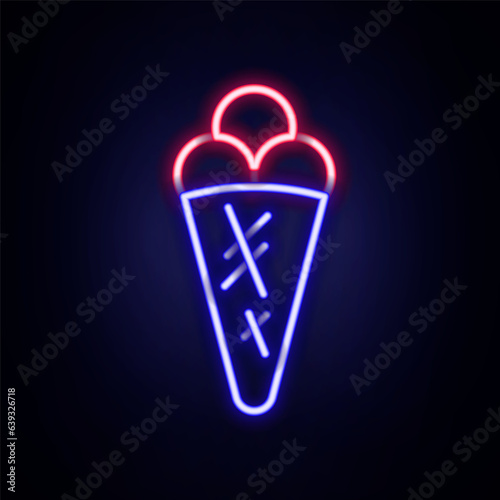 Glowing neon line Ice cream in waffle cone icon isolated on brick wall background. Sweet symbol. Colorful outline concept. Vector