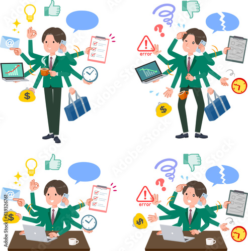 オフィスでマルチタスクをこなすブレザー男子学生のセット