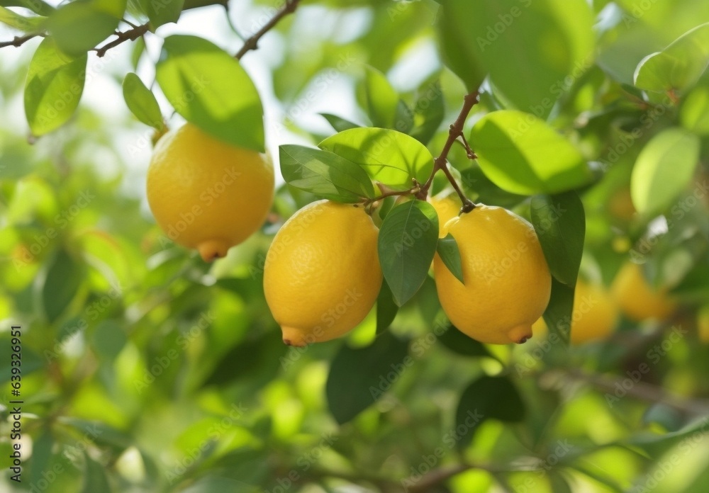 Lemon trees with ripe fruits. Bloomy lemon garden.