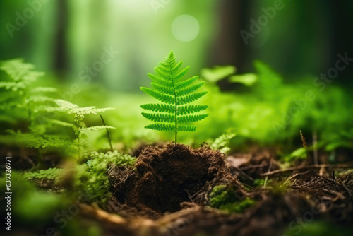 Organic Recycling: Green Sign Sprouting in Forest Landscape