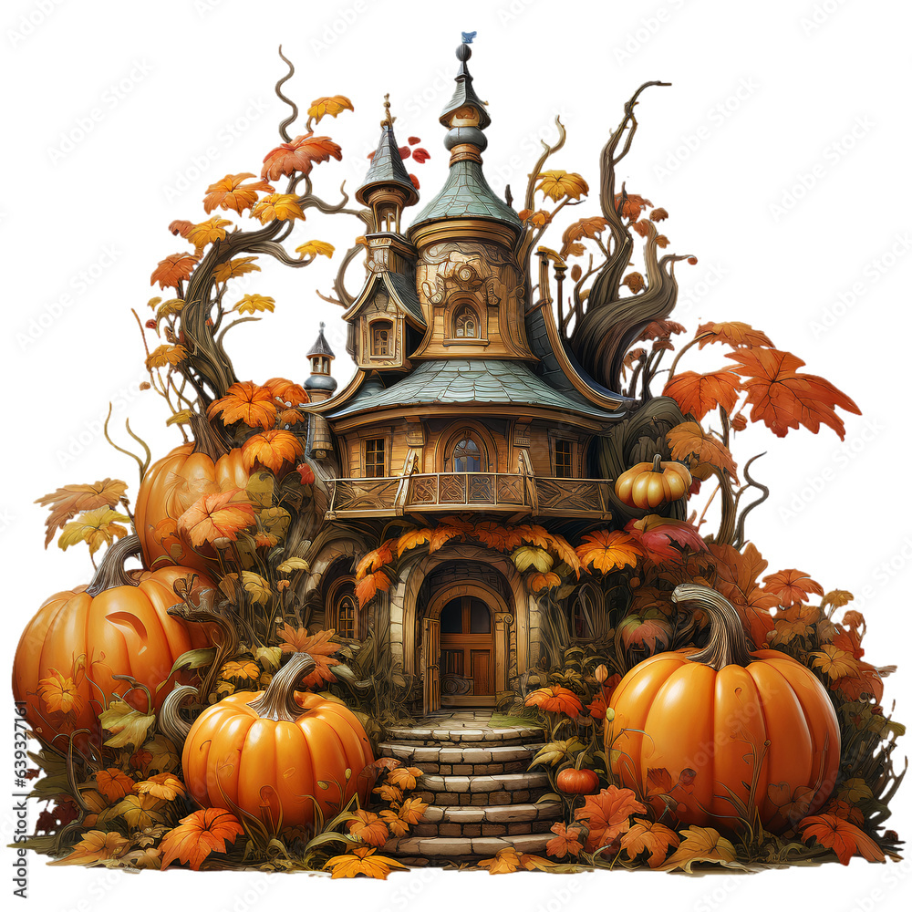  Halloween House pumpkin and Sunflowers isolated on white background
