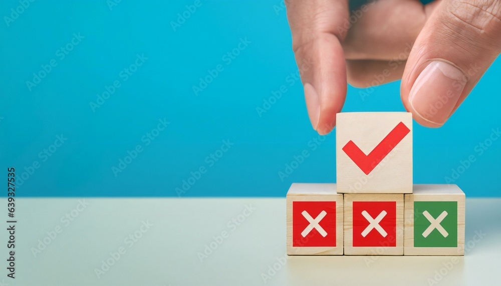 true and false symbols accepted rejected, yes or no on wood cubes. true and false symbols accepted rejected, yes or no on wood cubes.